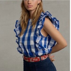 Whit‎ Two Anthropologie Blue Gingham Ruffle Sleeveless Button Back Blouse Medium
